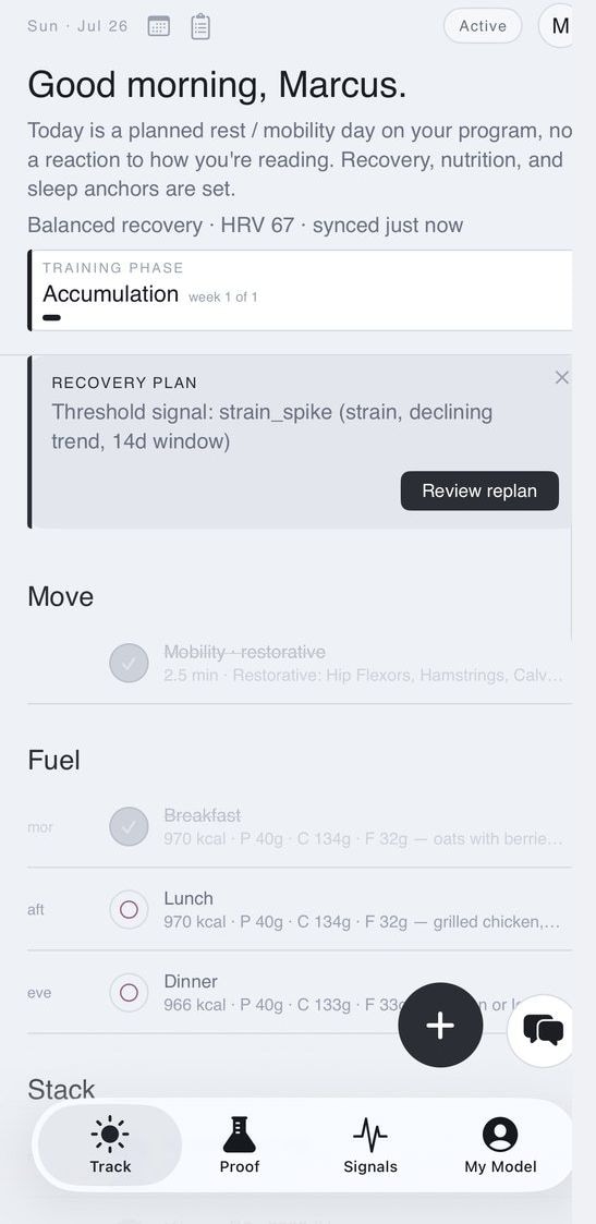 The Today view: a rest and mobility day laid out with recovery, fuel and stack anchors.